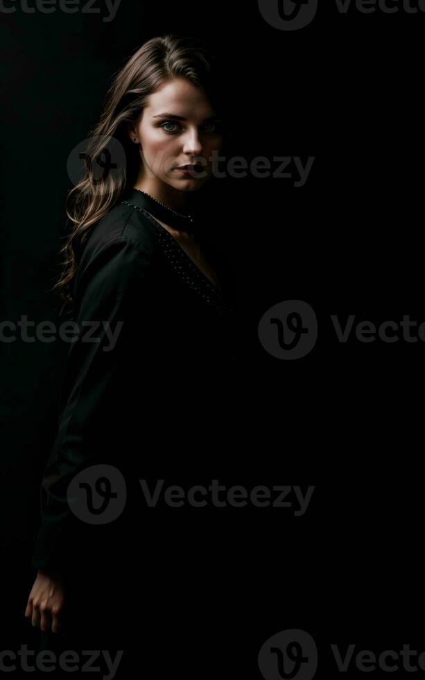 Foto av kvinna bär en svart klänning på svart bakgrund, generativ ai