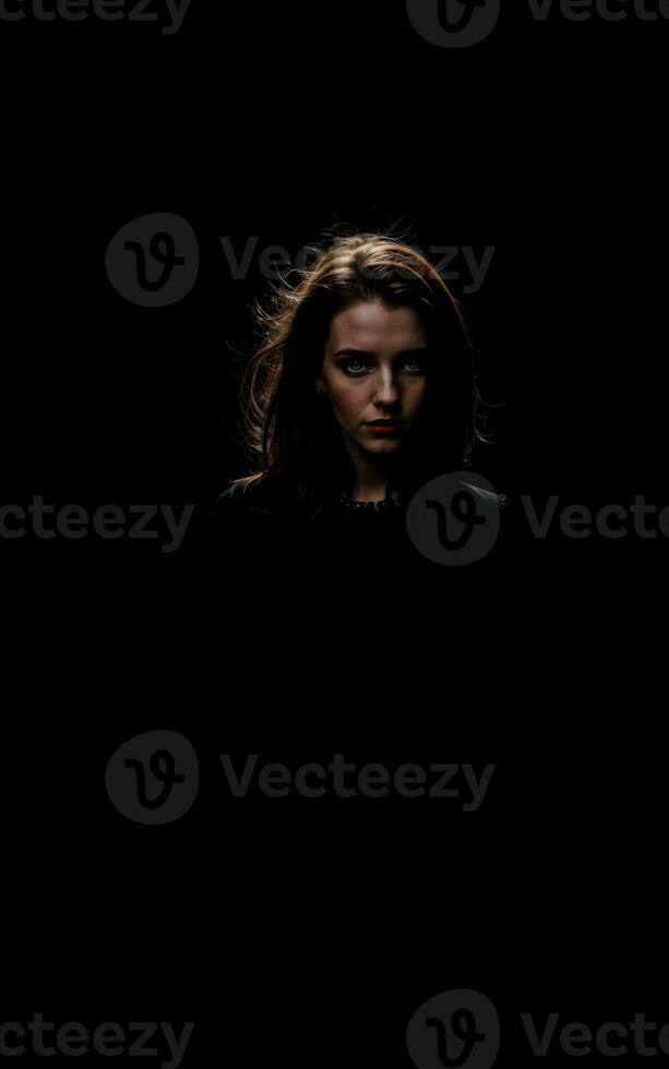 Foto av kvinna bär en svart klänning på svart bakgrund, generativ ai