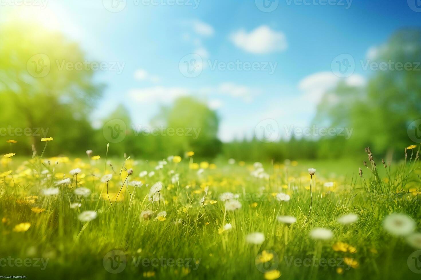 skön äng fält med färsk gräs och gul maskros blommor i natur mot en suddigt blå himmel med moln. sommar vår perfekt naturlig landskap. generativ ai. foto