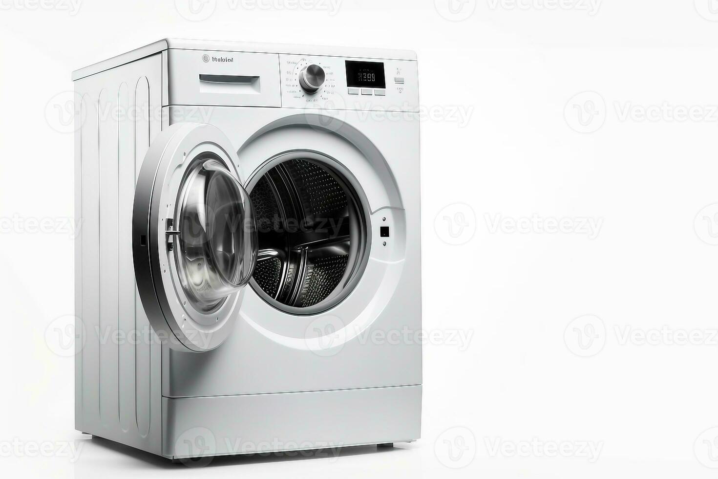 vit främre ladda tvättning maskin isolerat på vit bakgrund. modern bricka med elektronisk kontrollera panel. sida se av hushåll och inhemsk större apparat. Hem innovation. generativ ai. foto