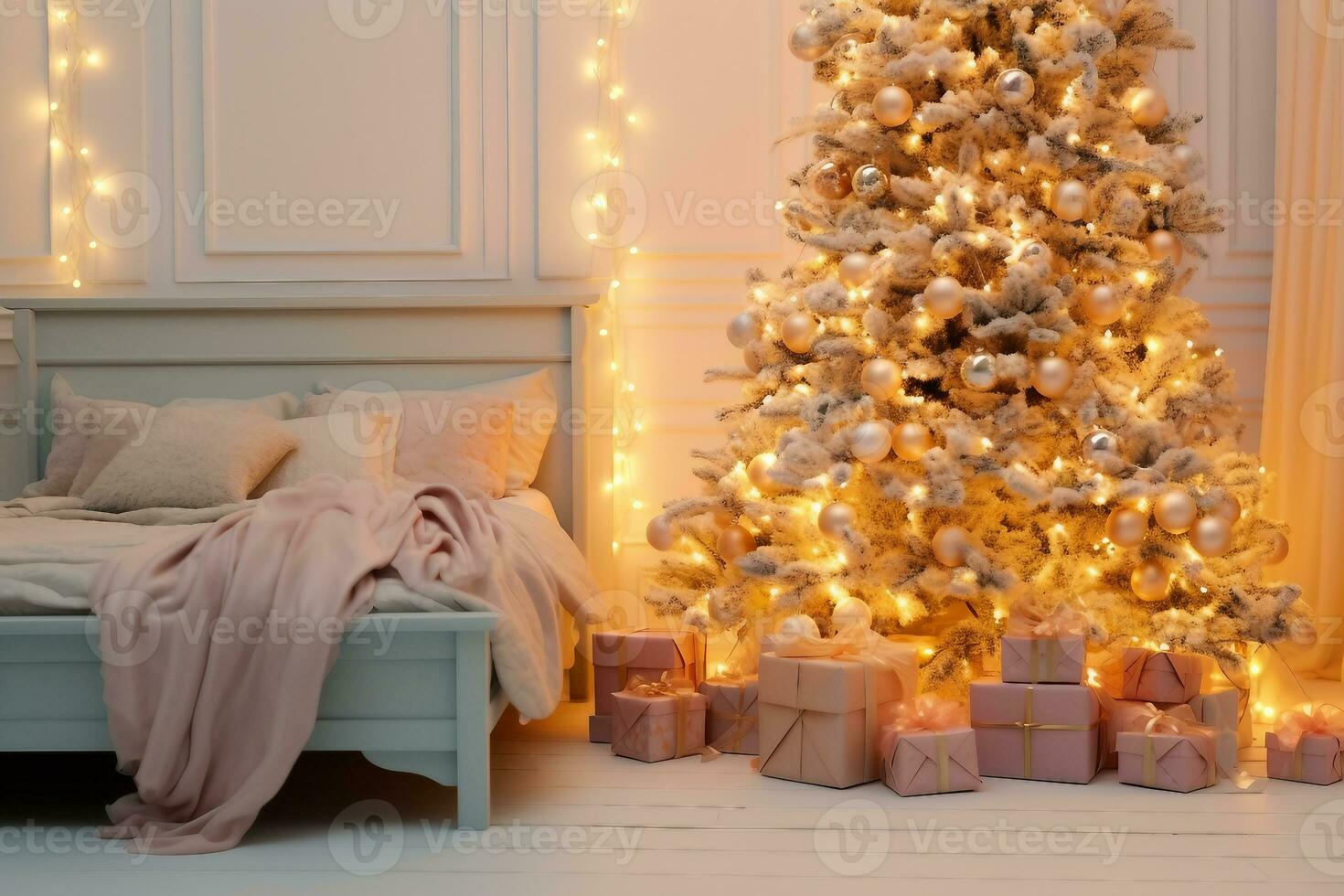 ljus lysande jul träd i levande rum i kväll. jul träd med lampor lysande kransar och gåvor. interiör design sovrum. generativ ai. foto