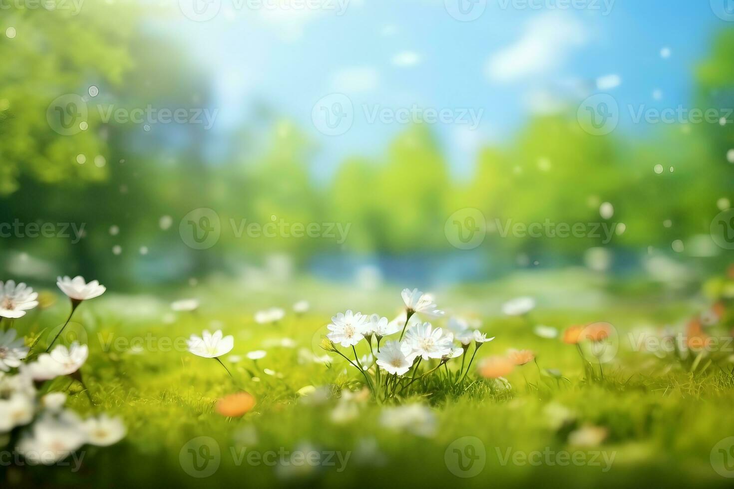 skön suddig vår bakgrund natur med blomning glänta, träd och blå himmel på en solig dag. generativ ai. foto