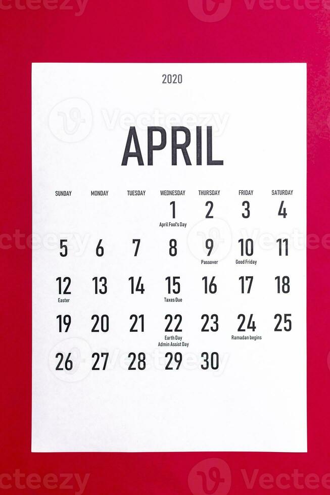 april 2020 kalender med högtider foto