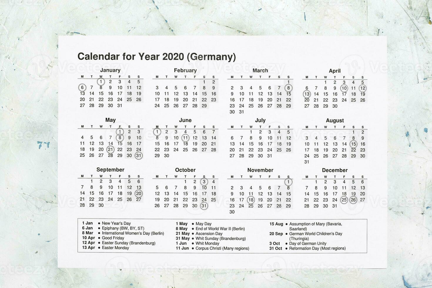 2020 årlig kalender med tysk nationell högtider foto