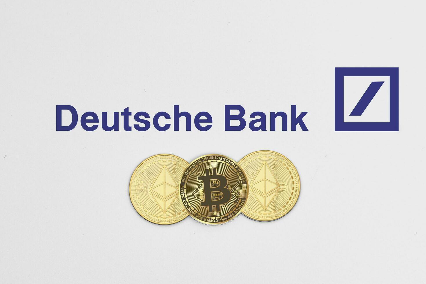 bitcoin och ethereum kryptovaluta mynt på deutsche Bank logotyp foto