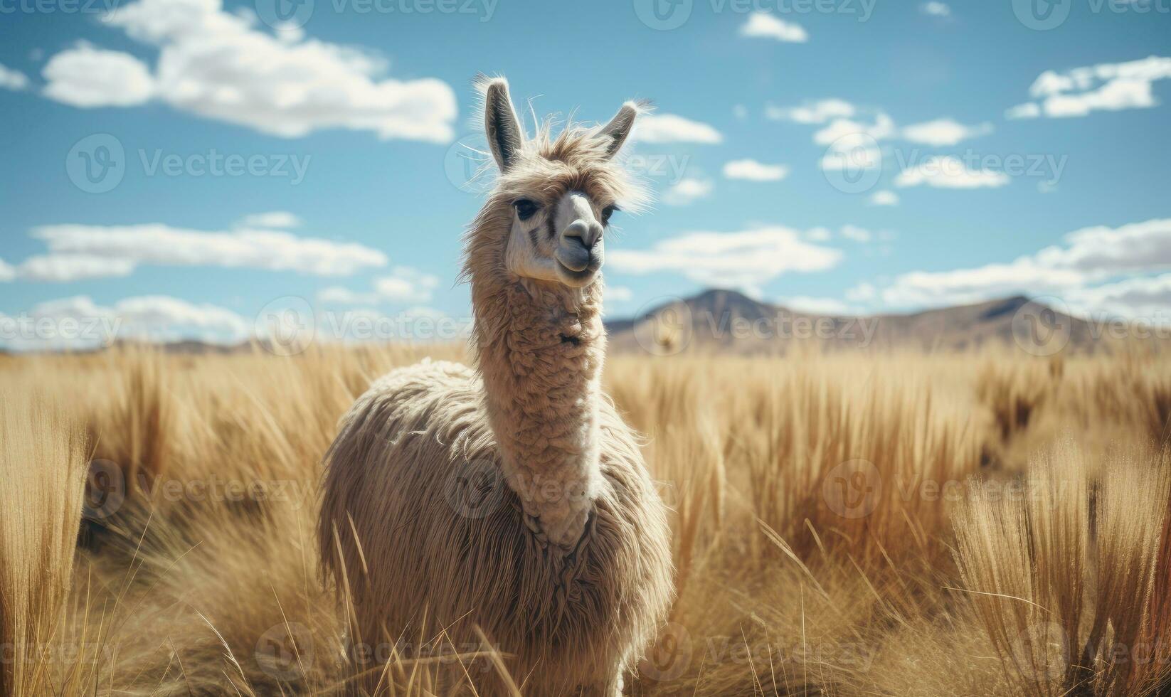 närbild lama står lång i en omfattande bolivian fält. skapas förbi ai foto