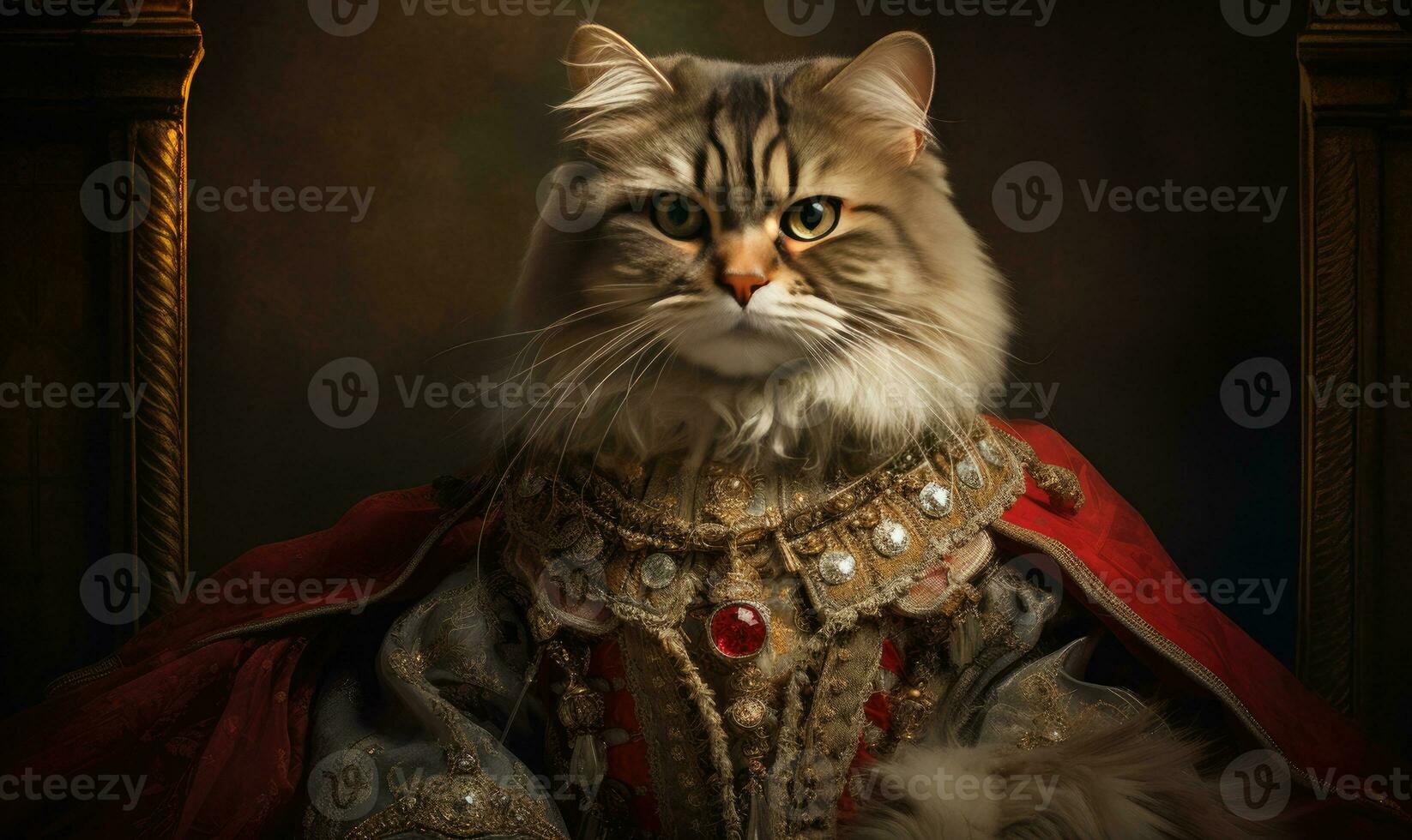 nyckfull bild av en katt i kunglig klädsel. ai generativ foto