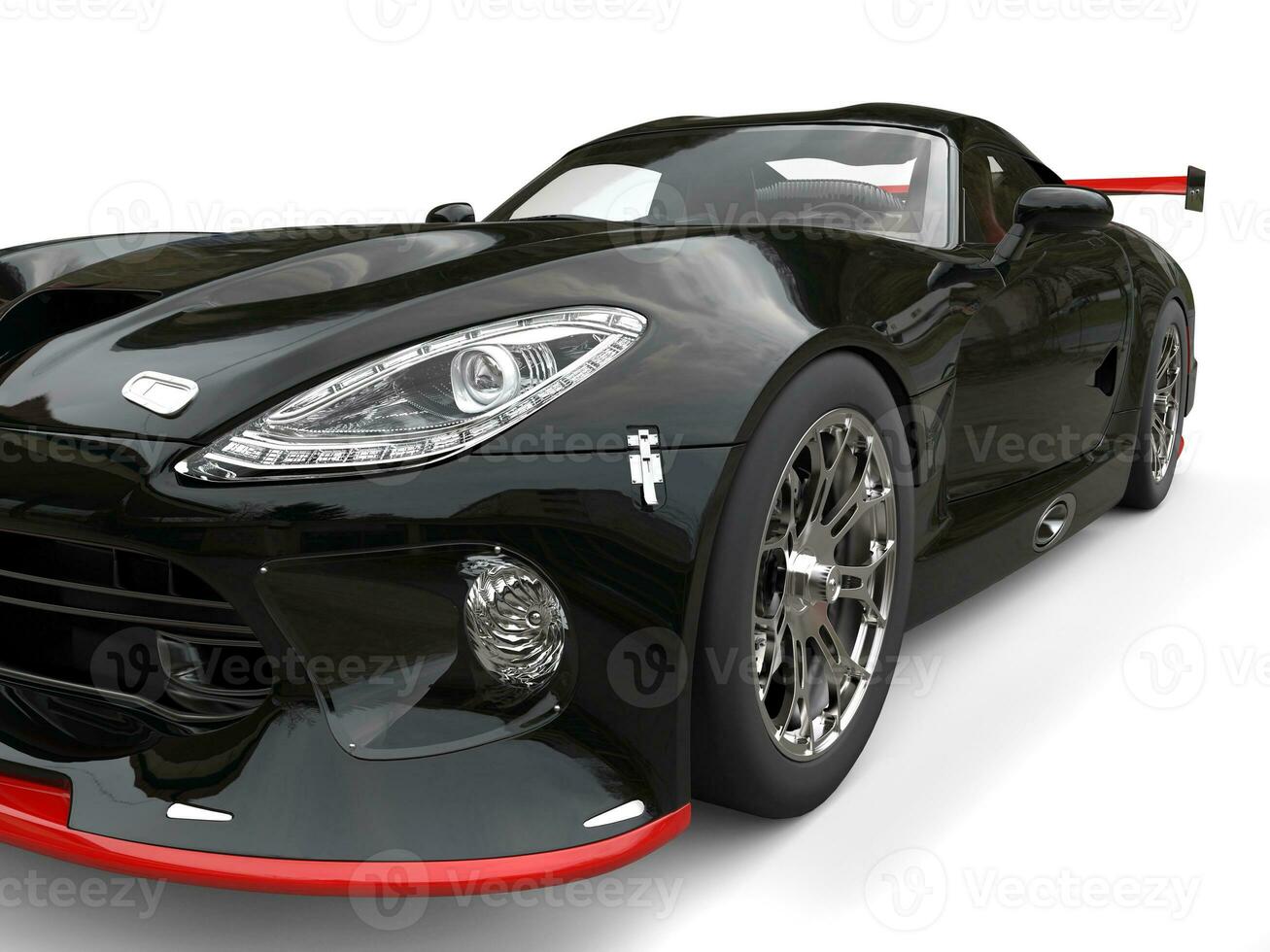 superbil svart med röd detaljer - strålkastare extrem närbild skott - 3d illustration foto