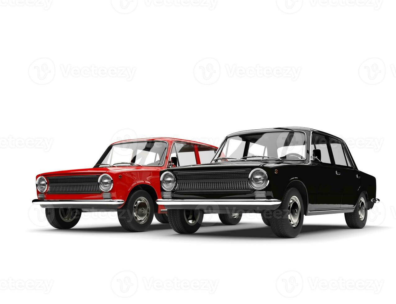 svart och röd sovjet epok årgång bilar sida förbi sida foto