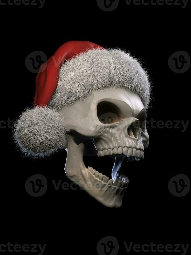 skrattande skalle bär en röd santa hatt med vit päls foto