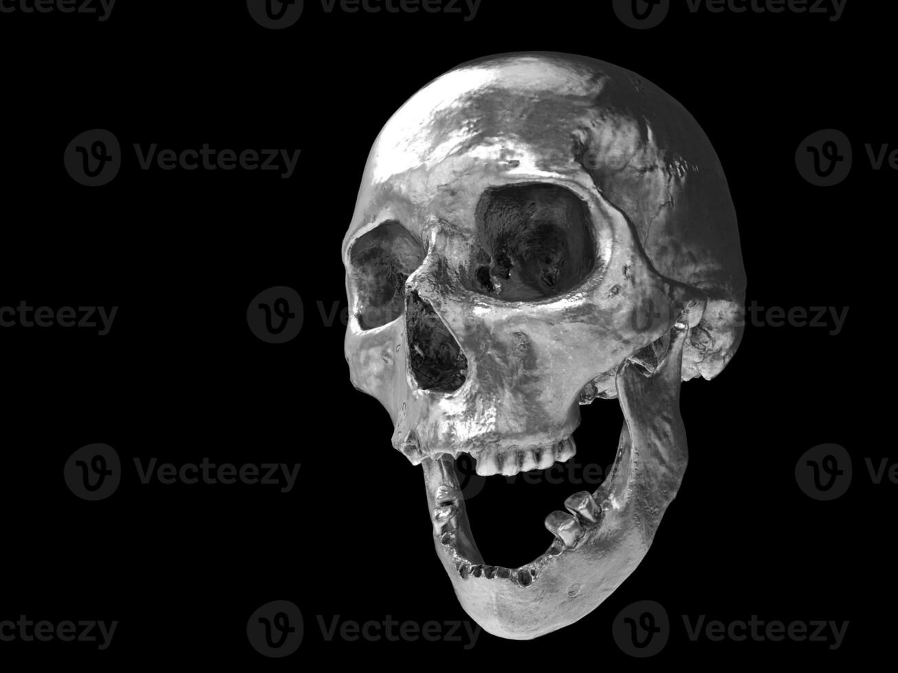 skrattande krom skalle med saknas tänder - 3d illustration foto