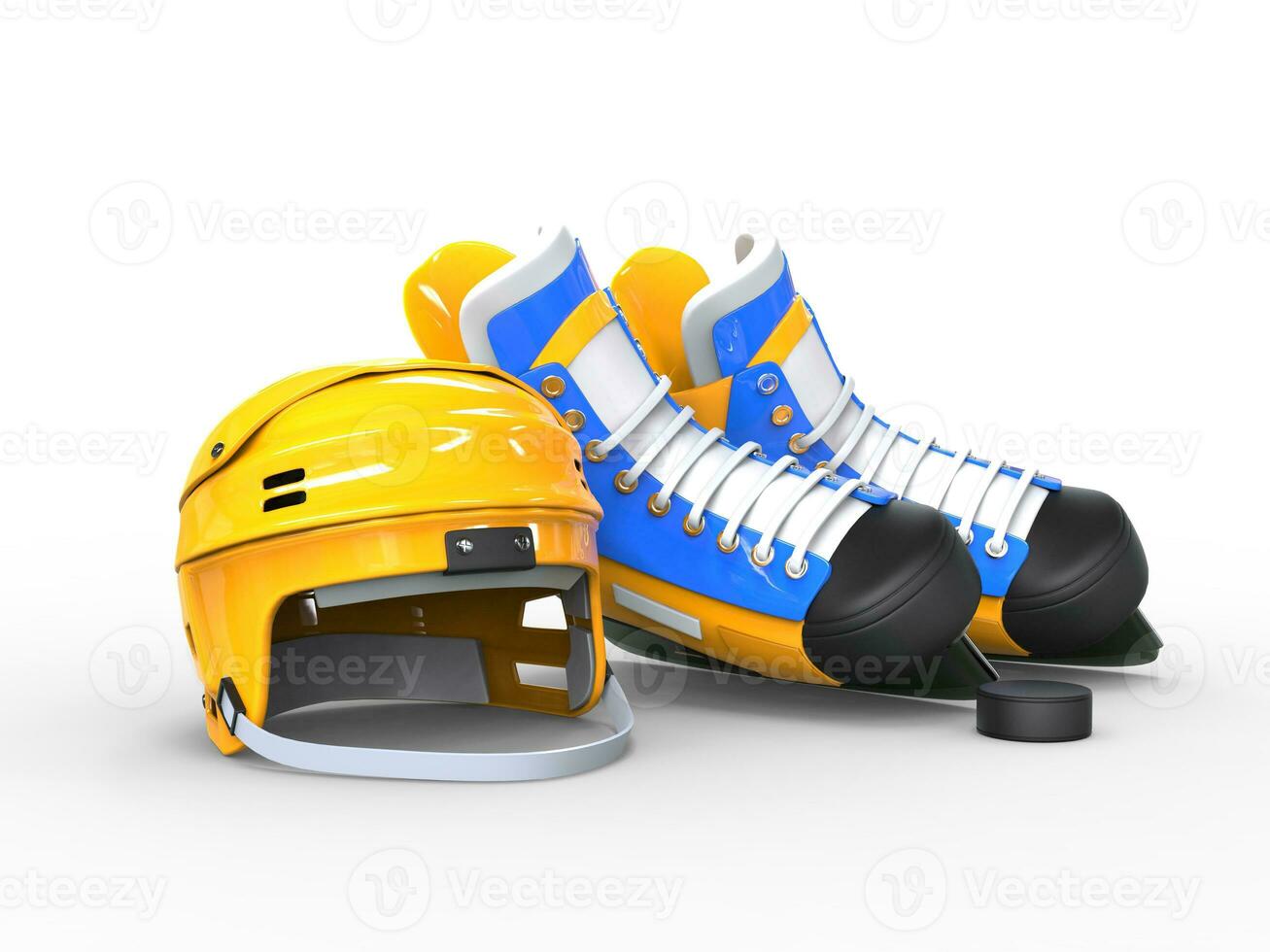 gul hockey hjälm, blå och gul blå hockey skridskor - isolerat på vit bakgrund foto