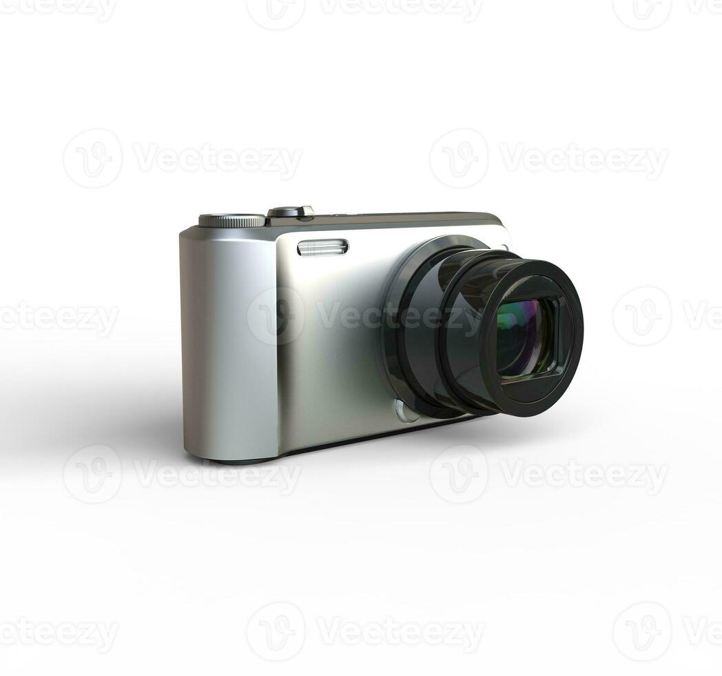 små silver- kamera på vit bakgrund - roterade, idealisk för digital och skriva ut design. foto