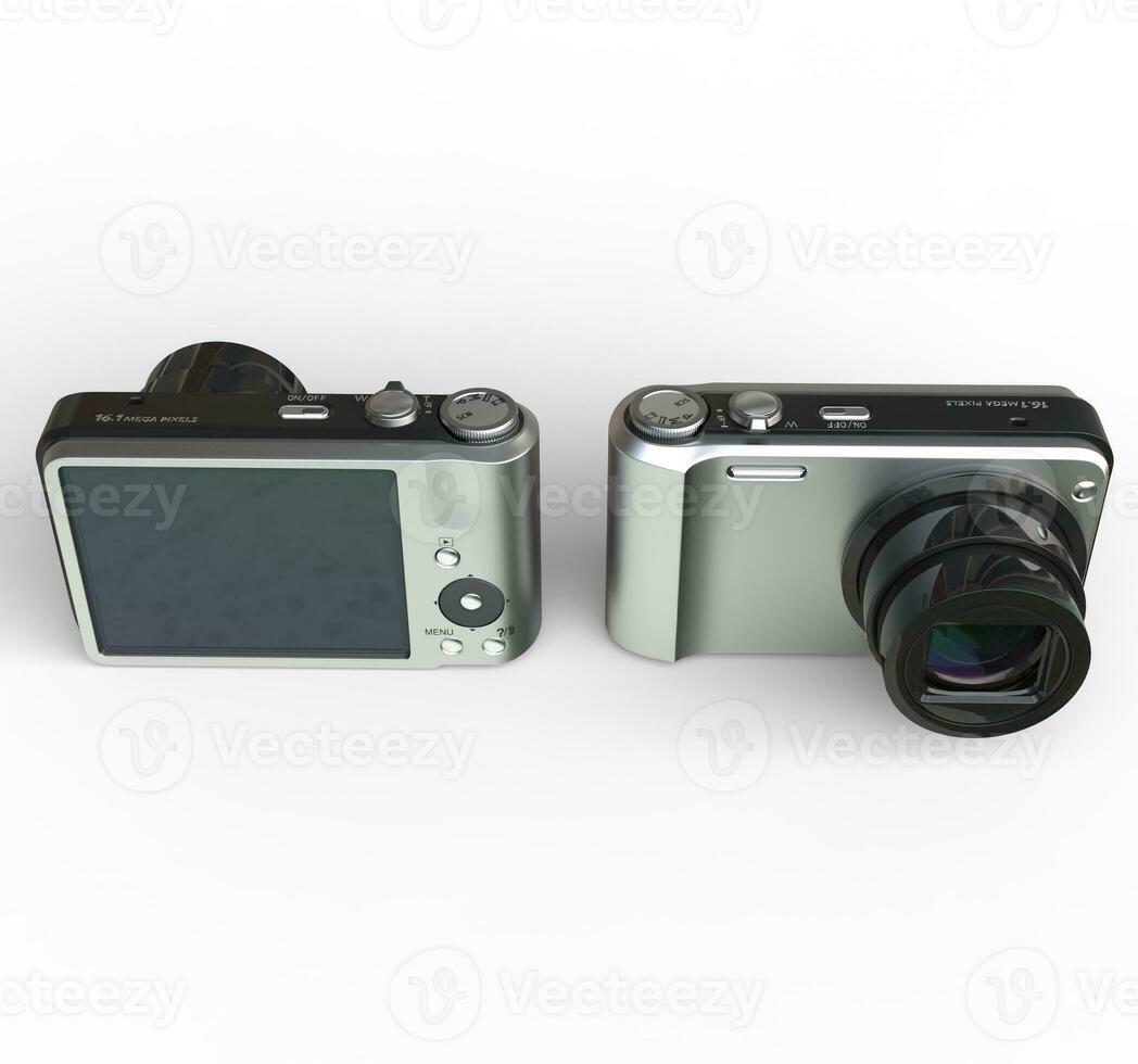 små silver- kamera på vit bakgrund - främre och tillbaka se, idealisk för digital och skriva ut design. foto