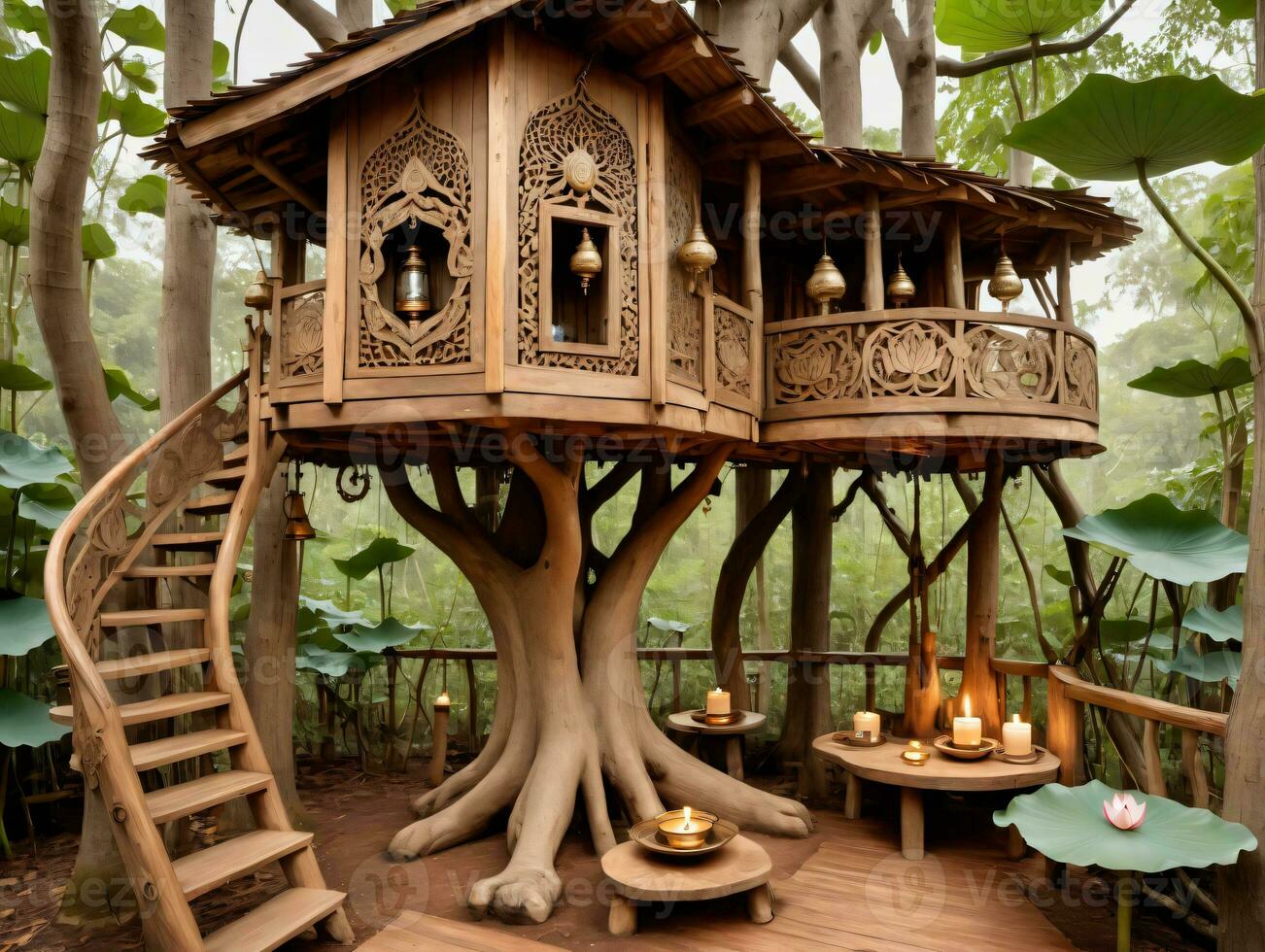 en träd hus med en spiral trappa. ai genererad foto