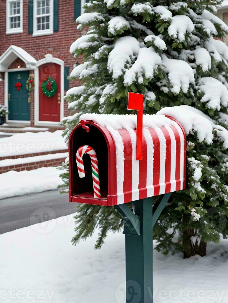 Foto av jul snötäckt brevlåda med godis sockerrör Ränder. ai genererad