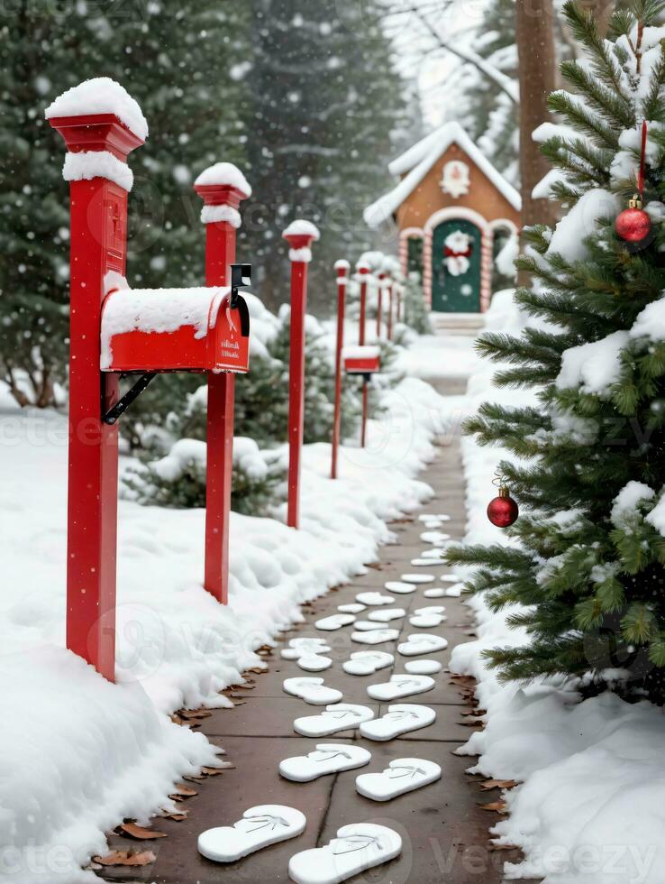 Foto av jul snöig fotspår ledande till en brevlåda fylld med festlig kort och tall grenar. ai genererad