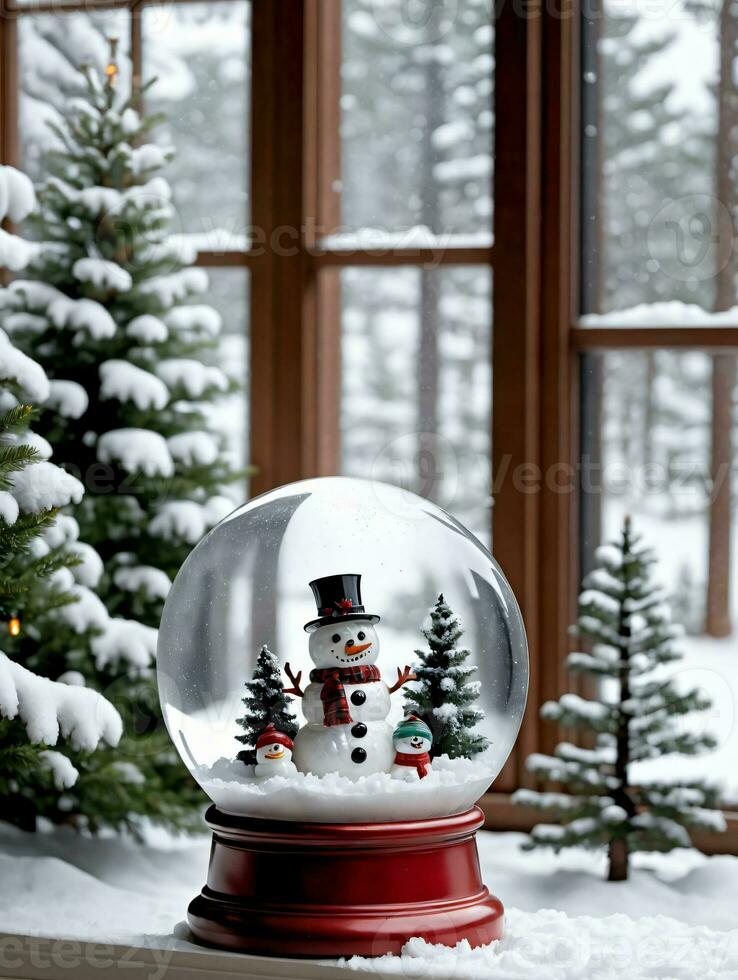 Foto av jul snö klot terar en snögubbe tall träd och lykta placerad på en snöig fönsterbräda. ai genererad