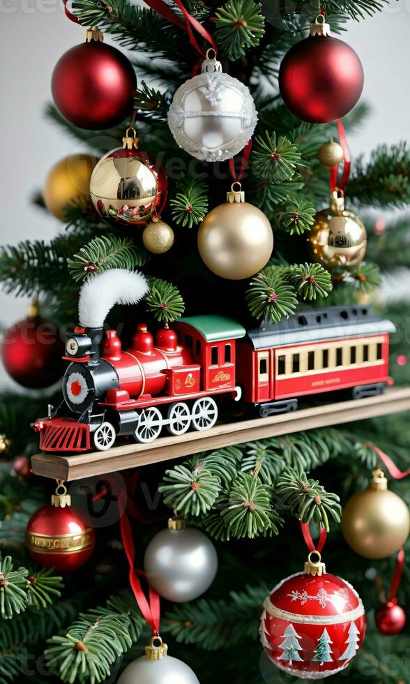 Foto av jul tall träd Utsmyckad med leksak tåg grannlåt och klingande klockor. ai genererad