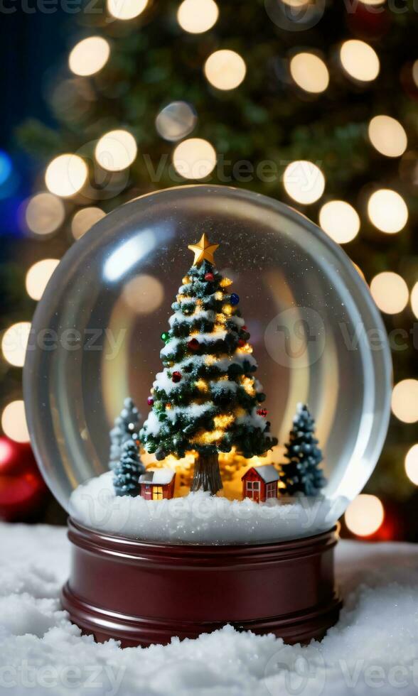 jul träd lampor reflekterande på en snö klot kväll inomhus- sida se. ai genererad foto