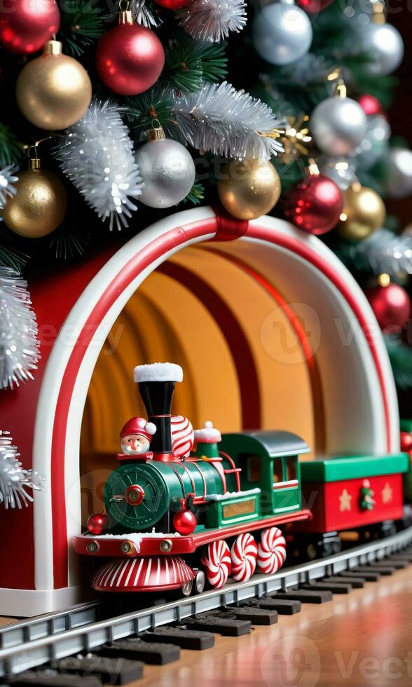 Foto av jul leksak tåg bärande godis käppar genom en tunnel av glitter under en stor jul träd. ai genererad