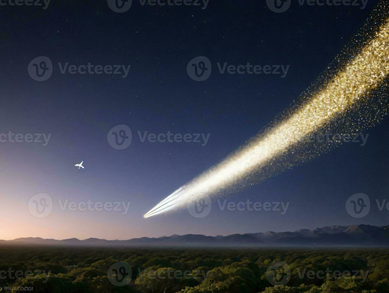 en meteor meteor är sett i de himmel ovan en skog. ai genererad foto