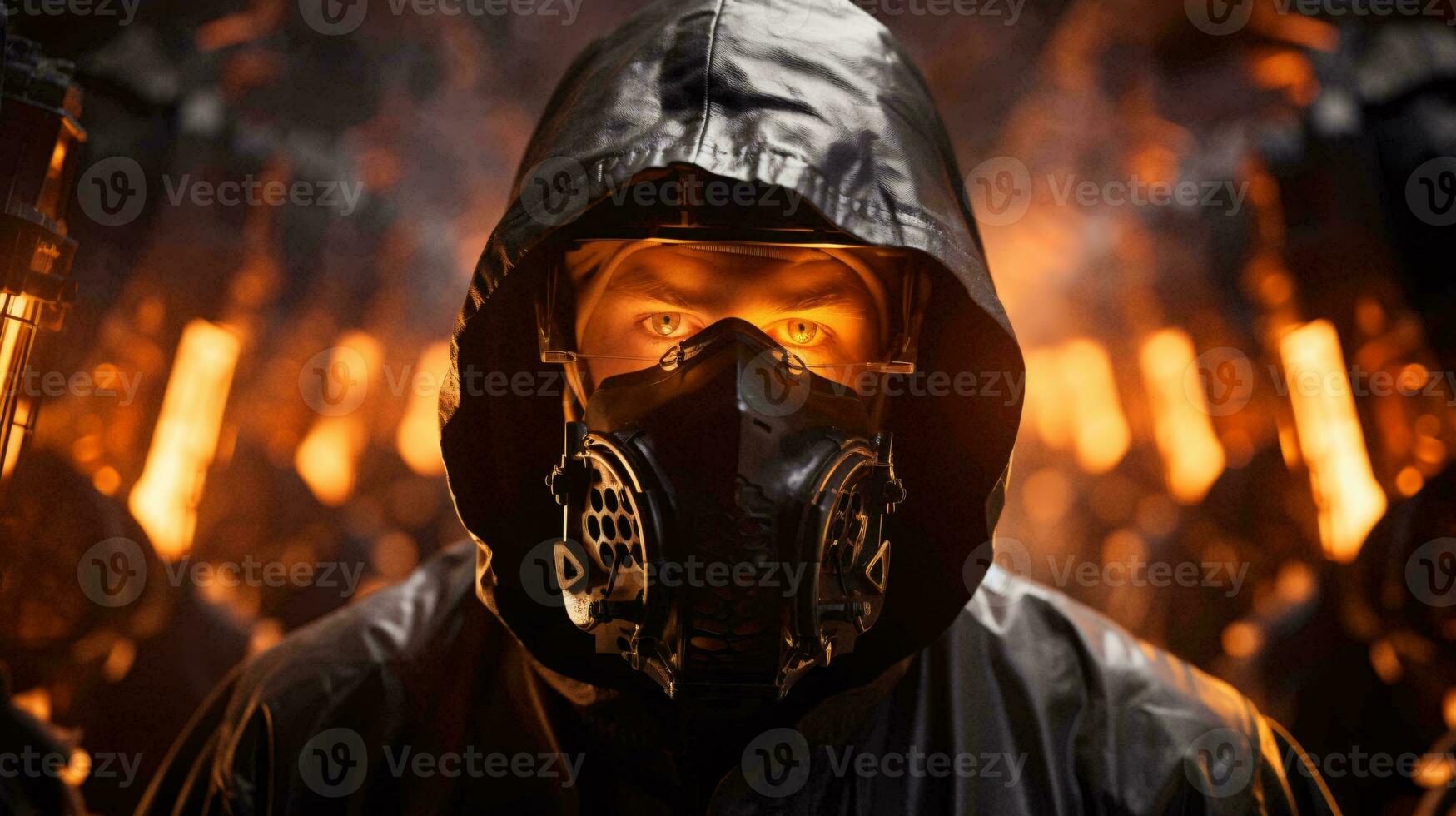 en man bär en gas mask i en vagt belyst rum ai genererad foto