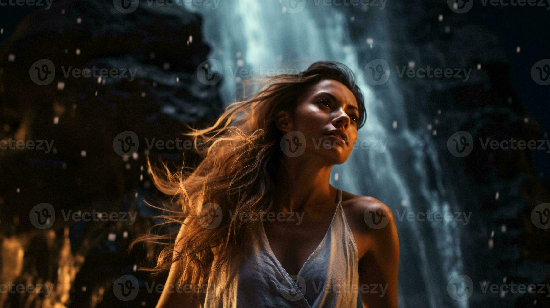 en kvinna njuter de skönhet av en majestätisk vattenfall ai genererad foto