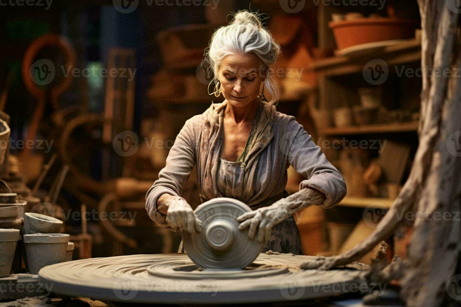 Foto av en kvinna skapande krukmakeri på en hjul i en vibrerande krukmakeri affär ai genererad