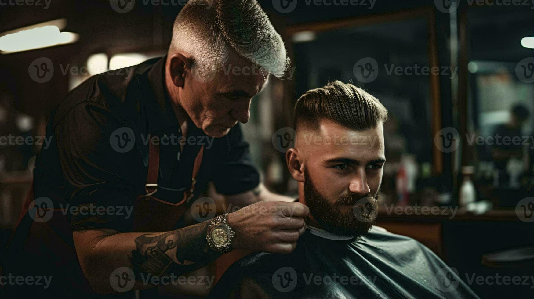 en man få en frisyr på en barberare affär ai genererad foto