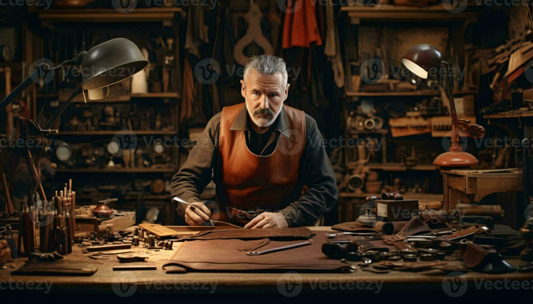en hantverkare arbetssätt på en trä- bit i en årgång verkstad ai genererad foto