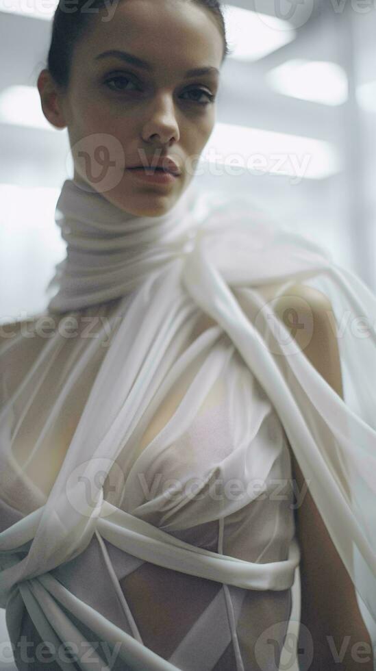 en kvinna i en vit klänning med en vit scarf runt om henne nacke ai genererad foto