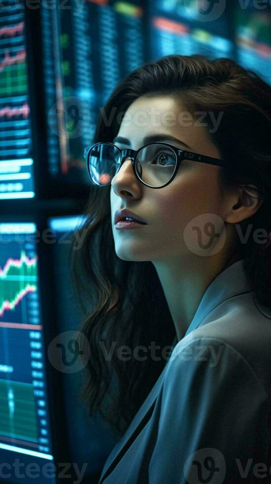 en kvinna bär glasögon använder sig av en dator ai genererad foto