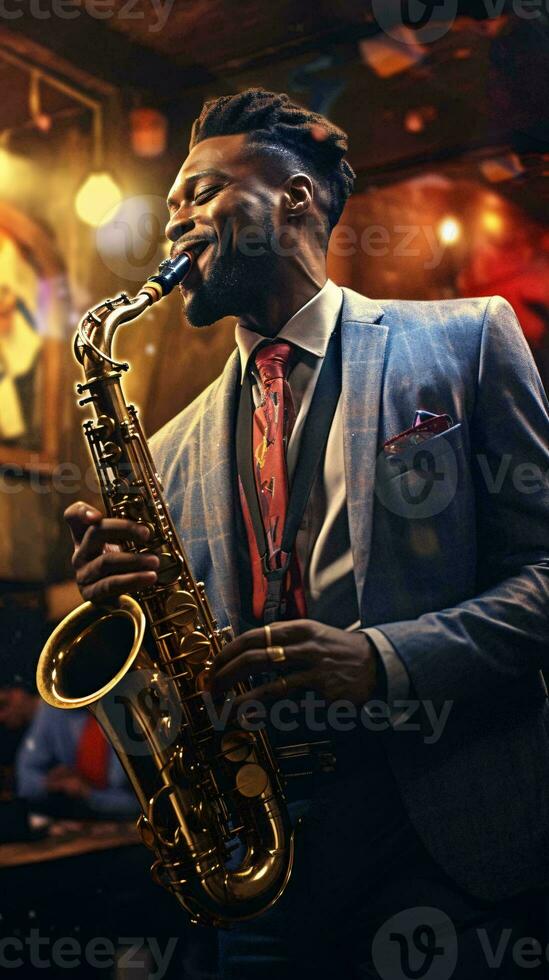 en man spelar en saxofon i en eleganta kostym ai genererad foto
