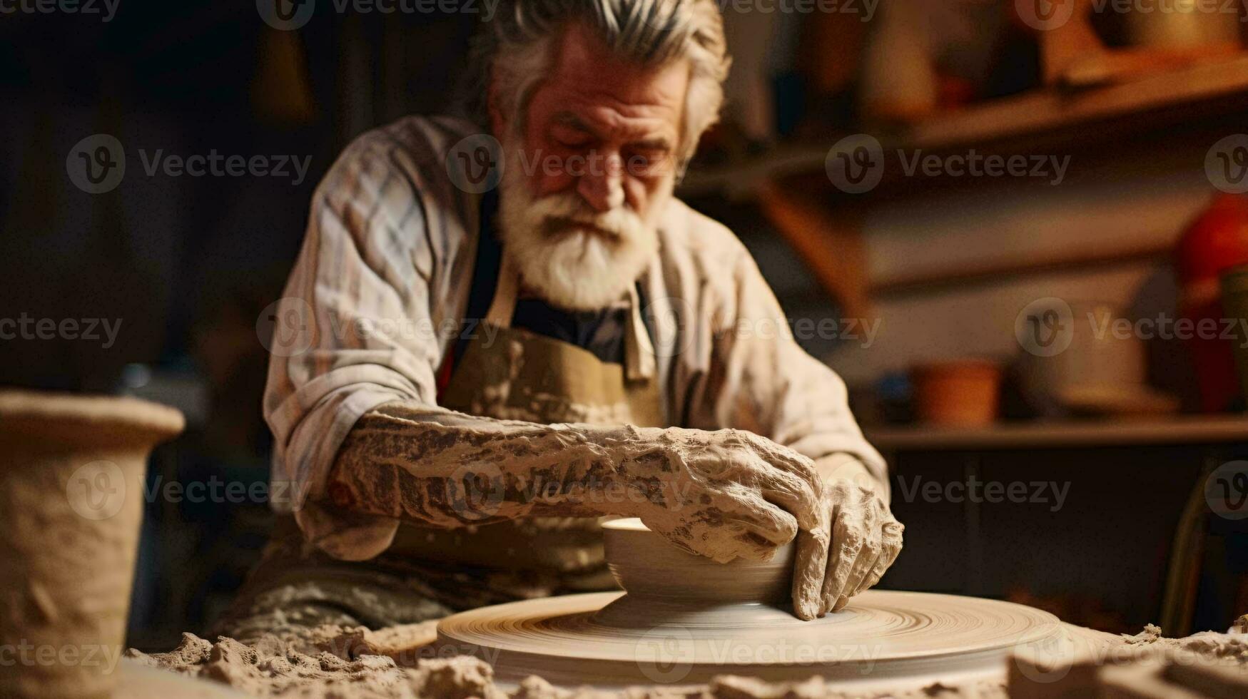 en man skulptera en vas ut av lera ai genererad foto
