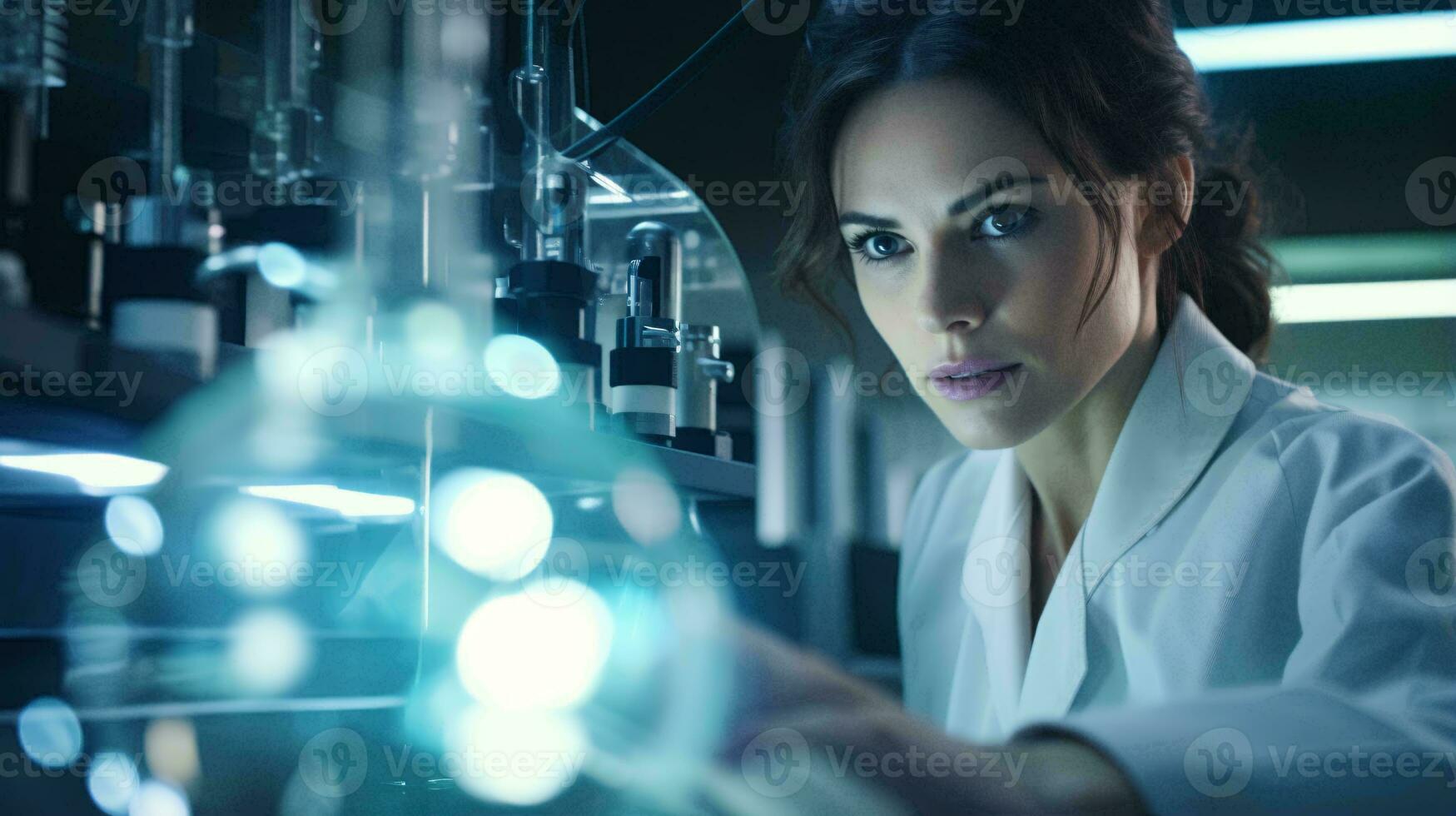 en kvinna forskare rörelse en avancerad maskin i en laboratorium ai genererad foto