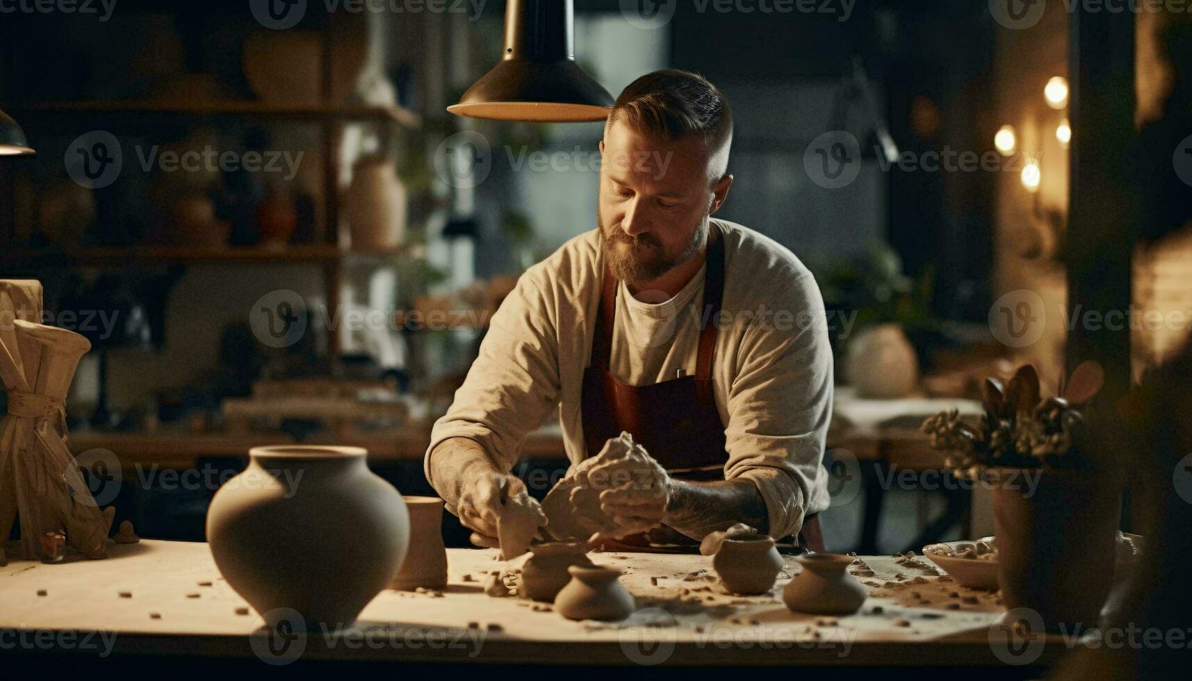 en skicklig krukmakare formning lera på en krukmakeri hjul i hans verkstad ai genererad foto