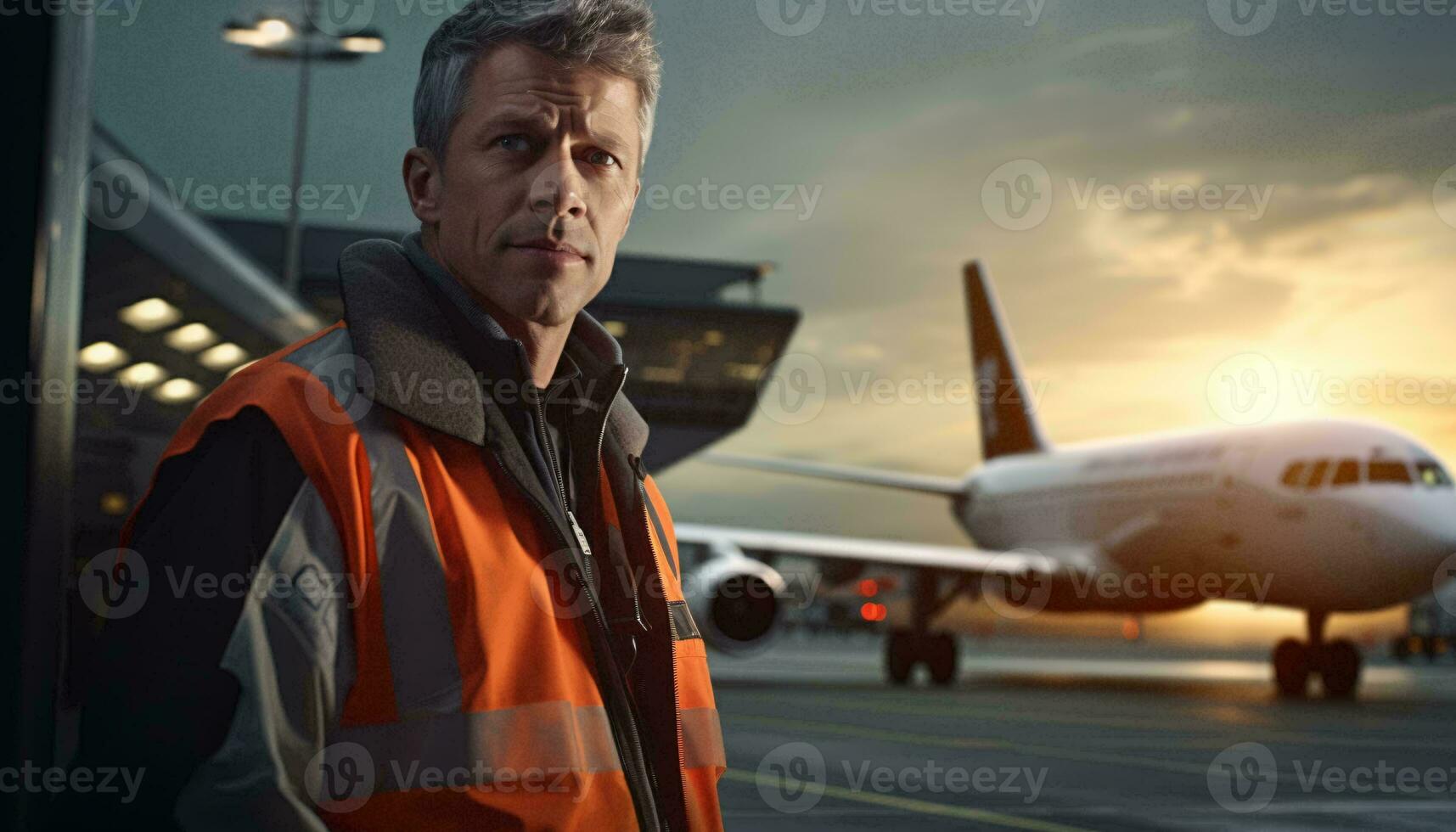 en man stående i främre av ett flygplan ai genererad foto