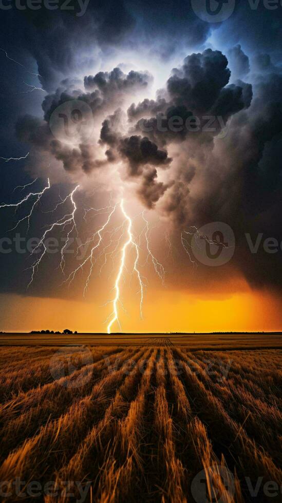 en kraftfull blixt- bult belysande en mörk storm moln ai genererad foto