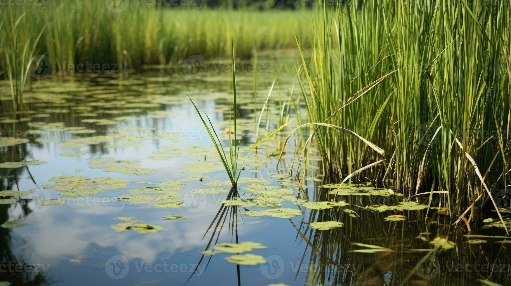 en lugn damm med vibrerande vatten liljor och frodig grön gräs ai genererad foto