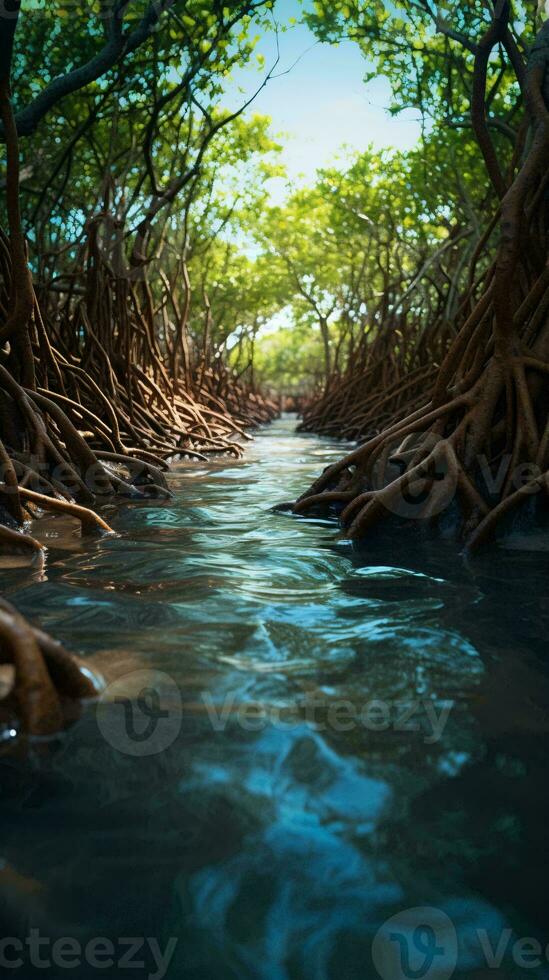 en lugn flod strömmande genom en vibrerande grön skog ai genererad foto