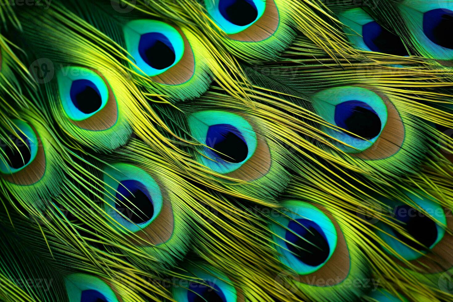 en vibrerande och invecklad visa av en påfågelns svans fjädrar ai genererad foto