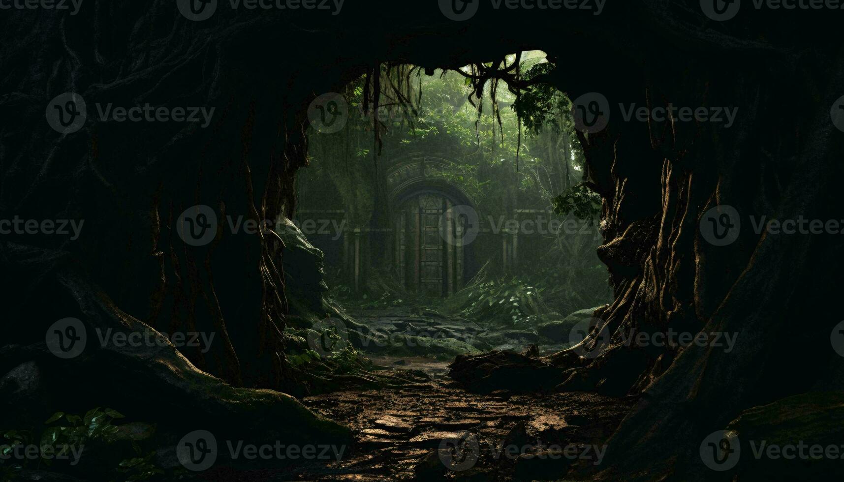 en lugn skog tunnel med frodig grön träd och majestätisk stenar ai genererad foto