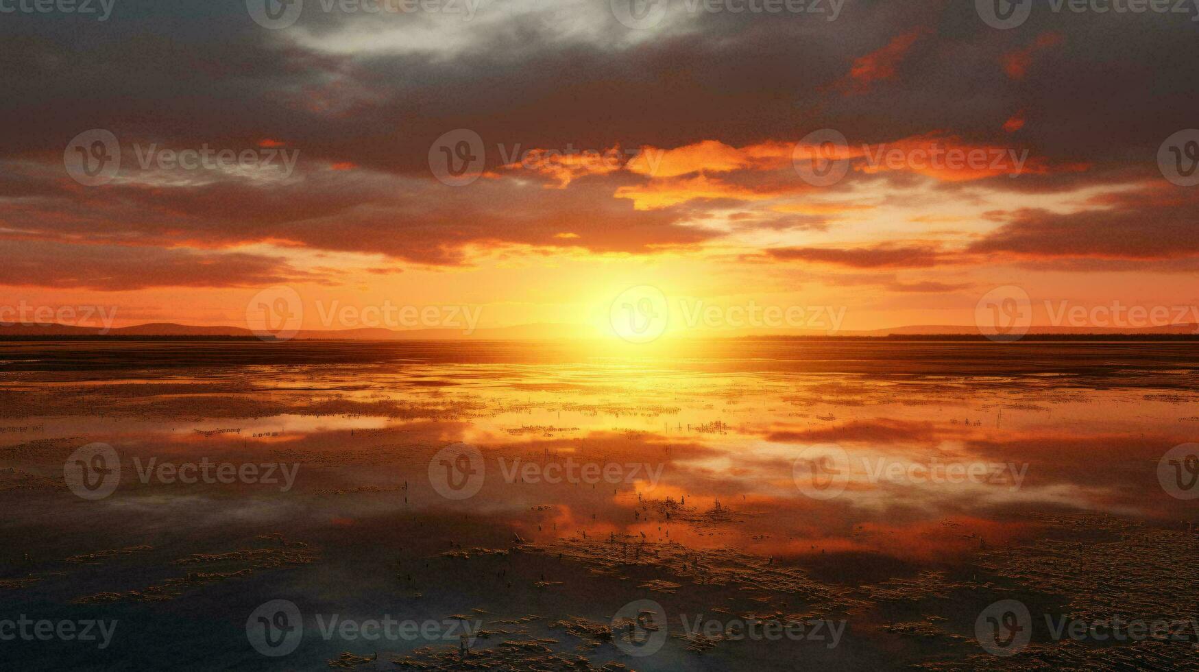 en skön solnedgång över en lugna kropp av vatten ai genererad foto