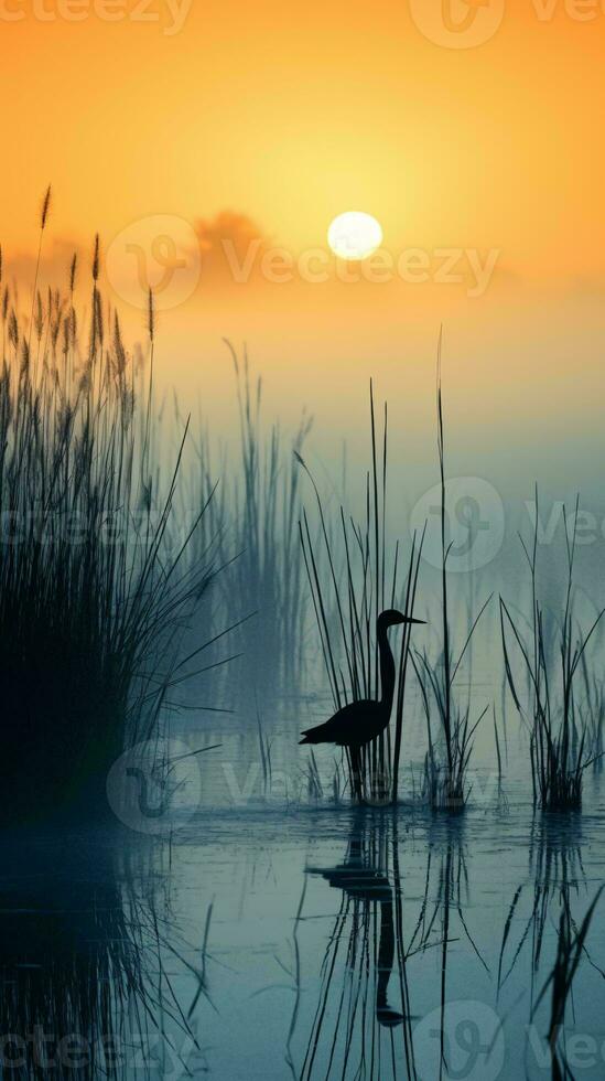 en fågel stående i de vatten på solnedgång ai genererad foto