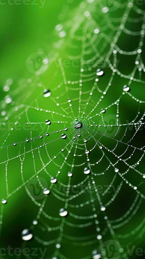 en Spindel webb Utsmyckad med blänkande vatten droppar ai genererad foto