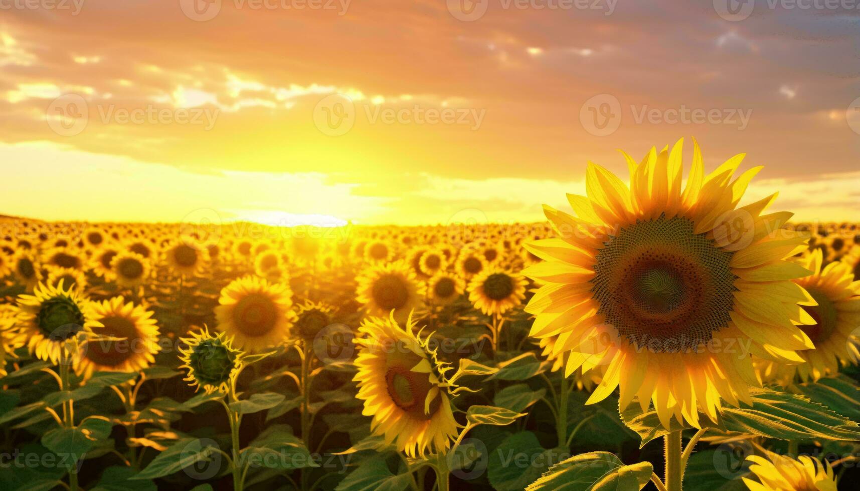 en skön solnedgång över en fält av vibrerande solrosor ai genererad foto