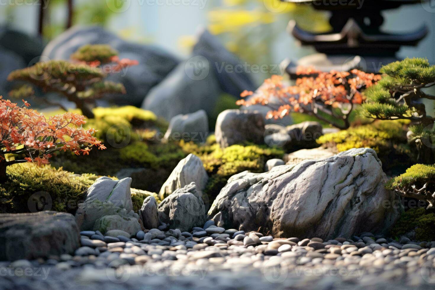 en lugn och naturlig trädgård med stenar och träd ai genererad foto