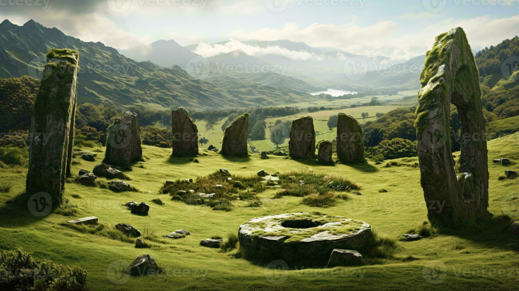 en skön gräs- fält med stenar i de förgrund ai genererad foto