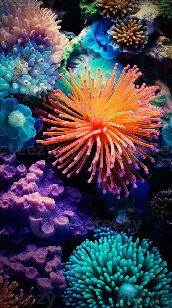 en vibrerande array av färgrik koraller upp stänga ai genererad foto